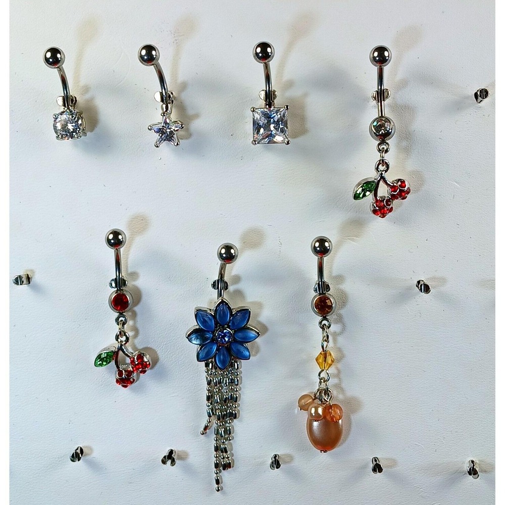 Vintage 90s Belly Button Rings 316L Surgical Steel 14G Cherry Flower CZ 7pc Set - Picture 3 of 17